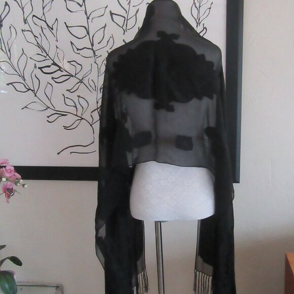 Sheer black shawl scarf with floral & paisley black on black patterns 78" x 21" - Picture 4 of 14